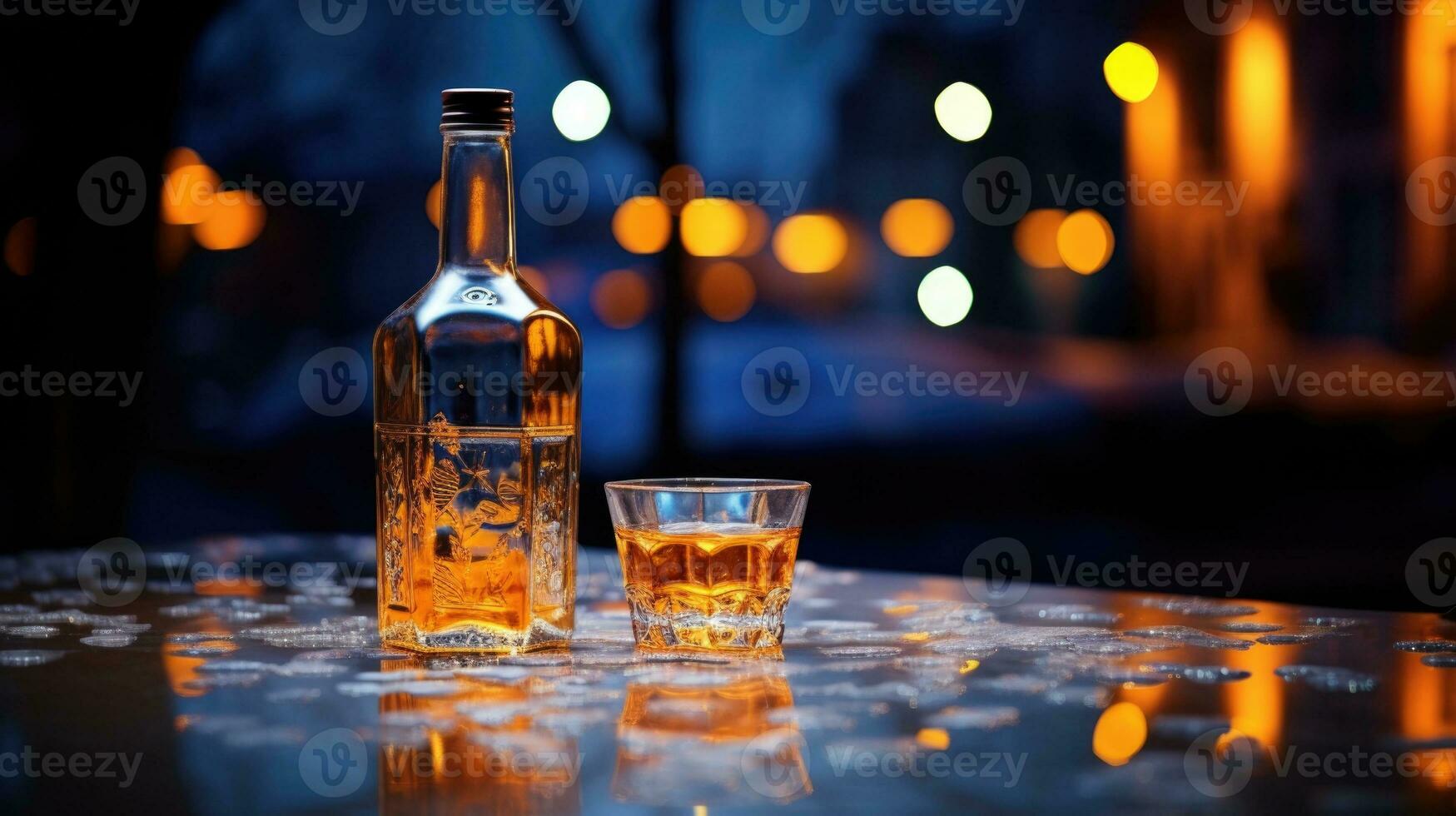ai génératif verre de whisky et bouteille sur une table dans une restaurant avec bokeh Contexte photo