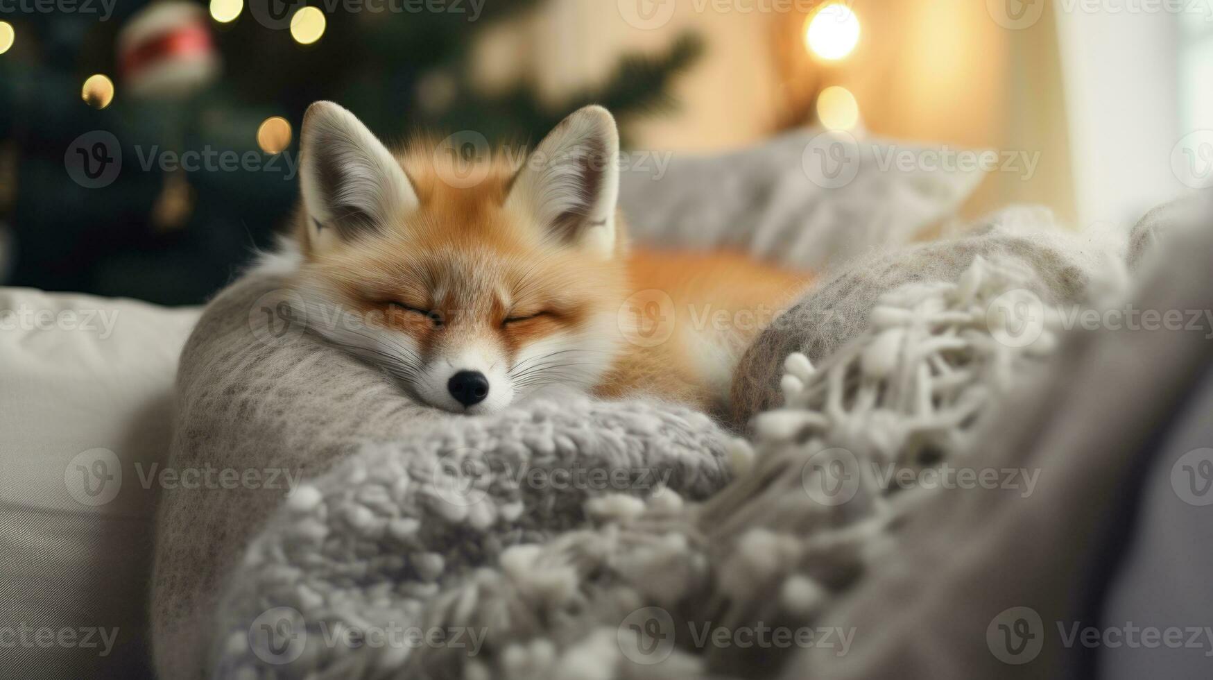 ai généré mignonne peu Renard en train de dormir sur canapé dans pièce avec Noël arbre et lumières photo