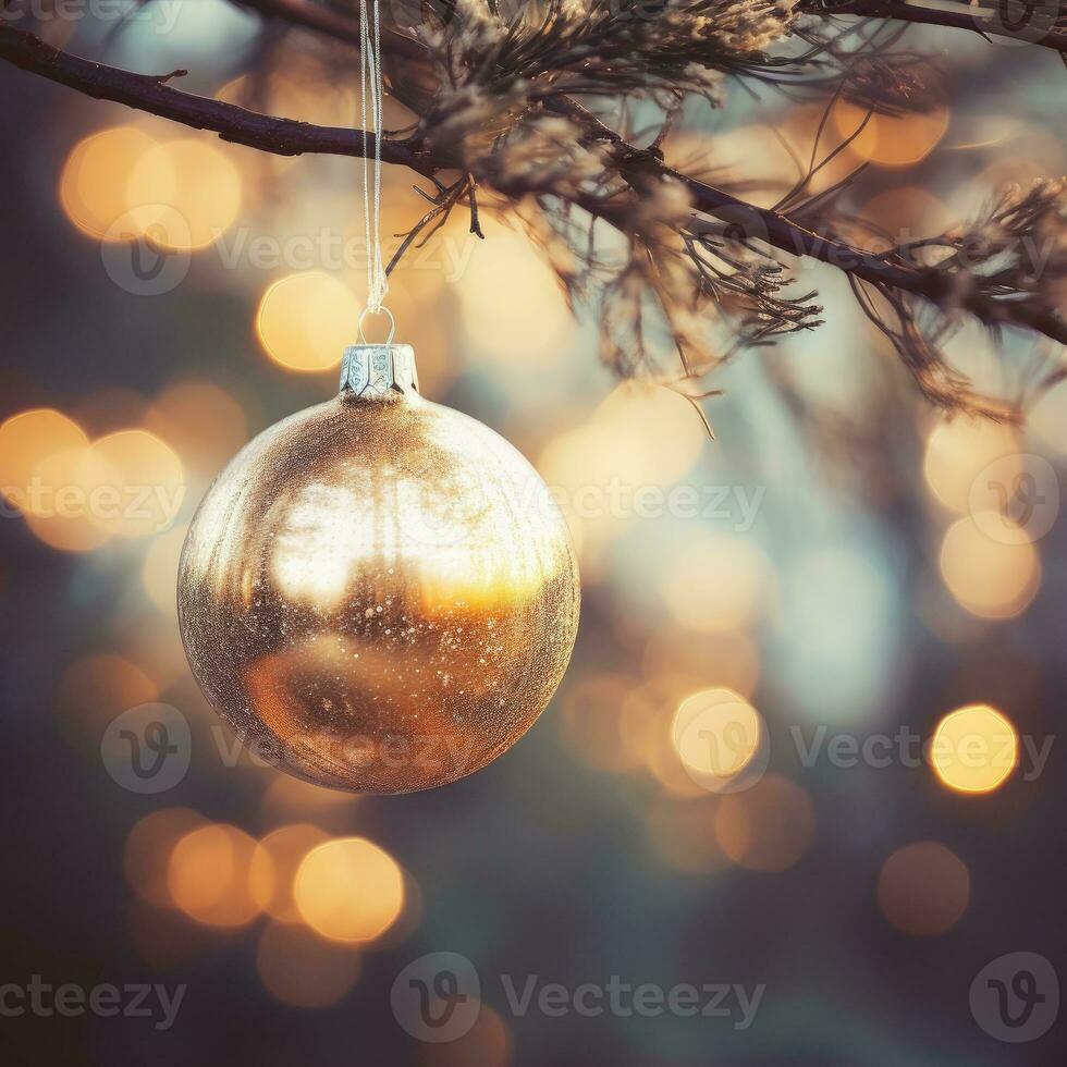 ai génératif blanc Noël jouet sur pin branche. neige sur le pin branche et sur le balle. le coucher du soleil lumière. doux se concentrer. flou lumières. photo
