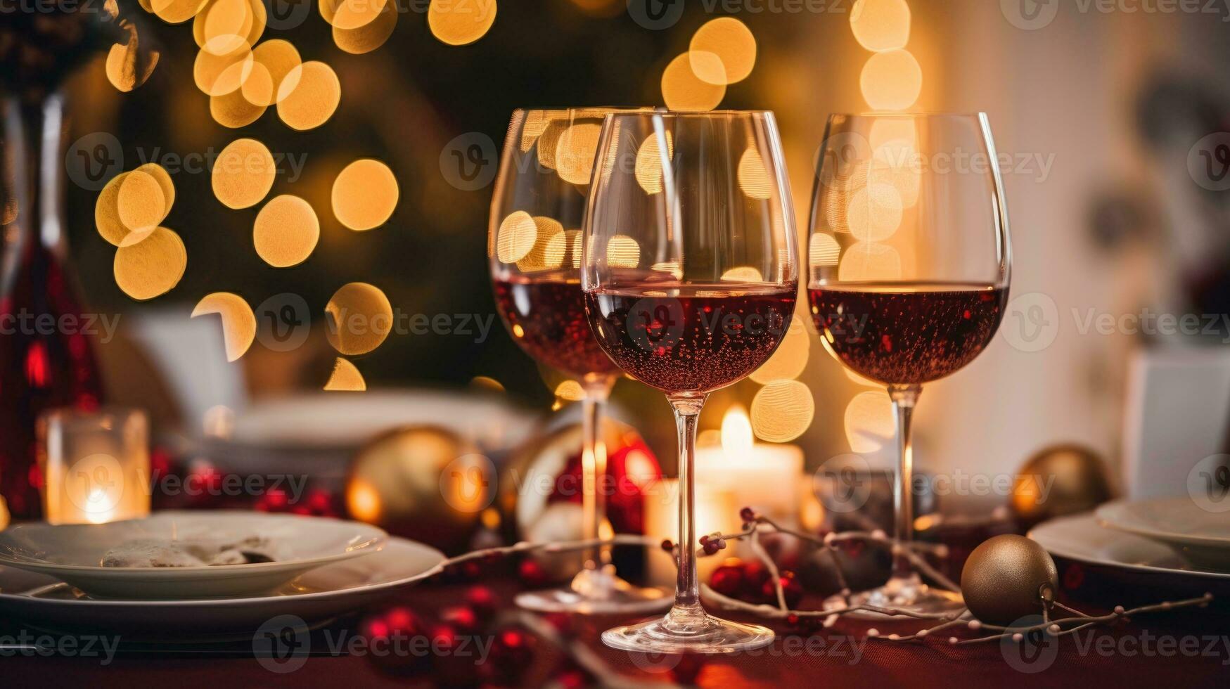 des lunettes de du vin sur une table avec Noël décorations et bokeh. ai génératif photo