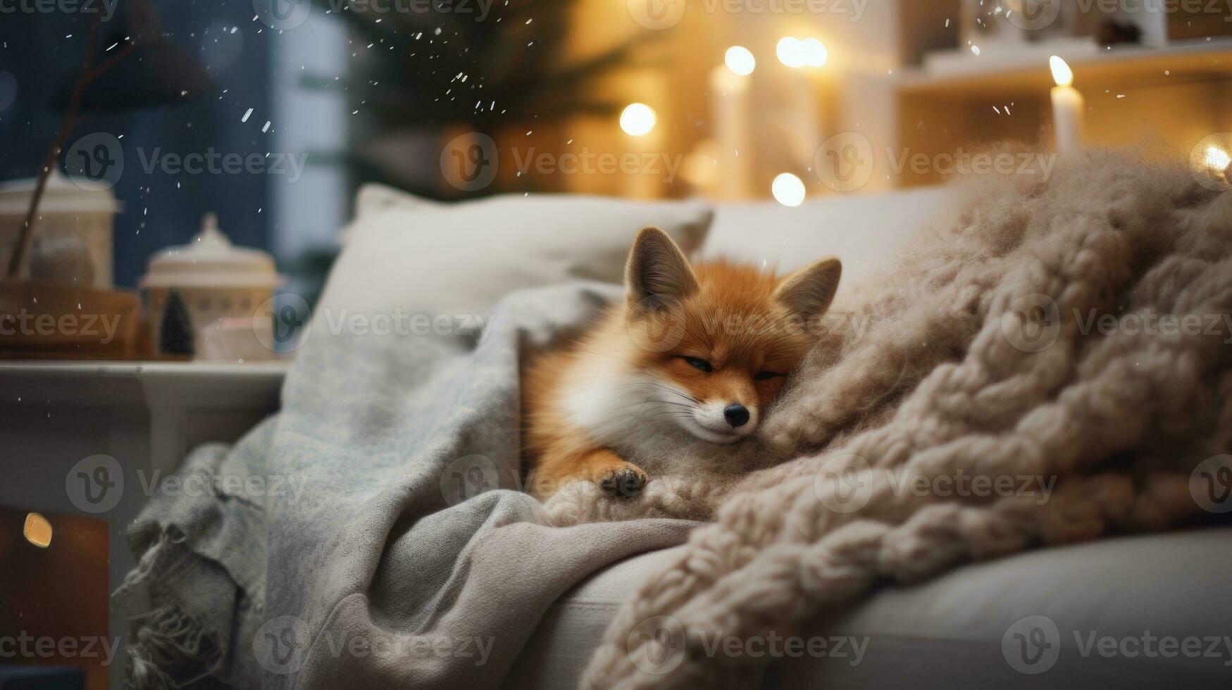 mignonne peu Renard en train de dormir sur canapé dans pièce avec Noël arbre et lumières ai généré photo