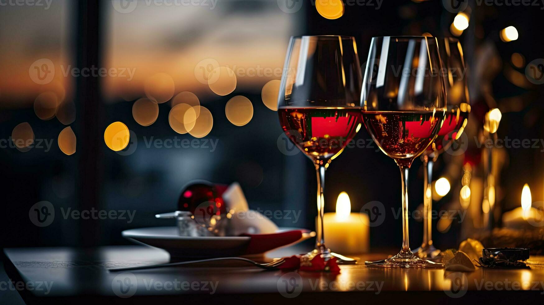 des lunettes de du vin sur une table avec Noël décorations et bokeh. ai génératif photo
