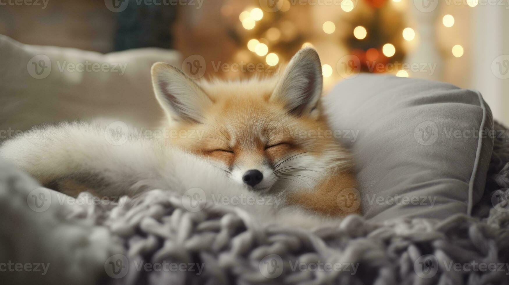 ai généré mignonne peu Renard en train de dormir sur canapé dans pièce avec Noël arbre et lumières photo