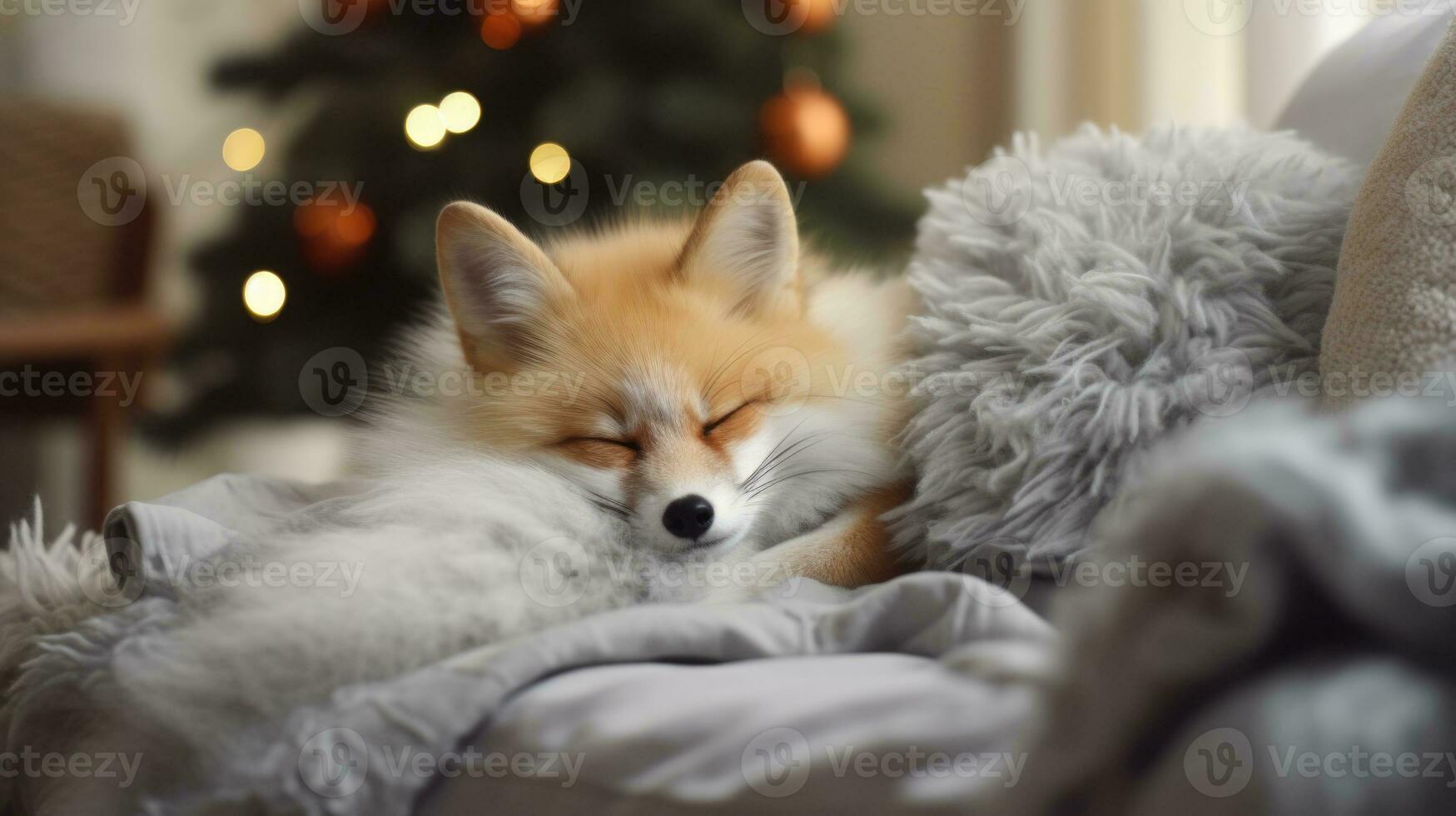 ai généré mignonne peu Renard en train de dormir sur canapé dans pièce avec Noël arbre et lumières photo