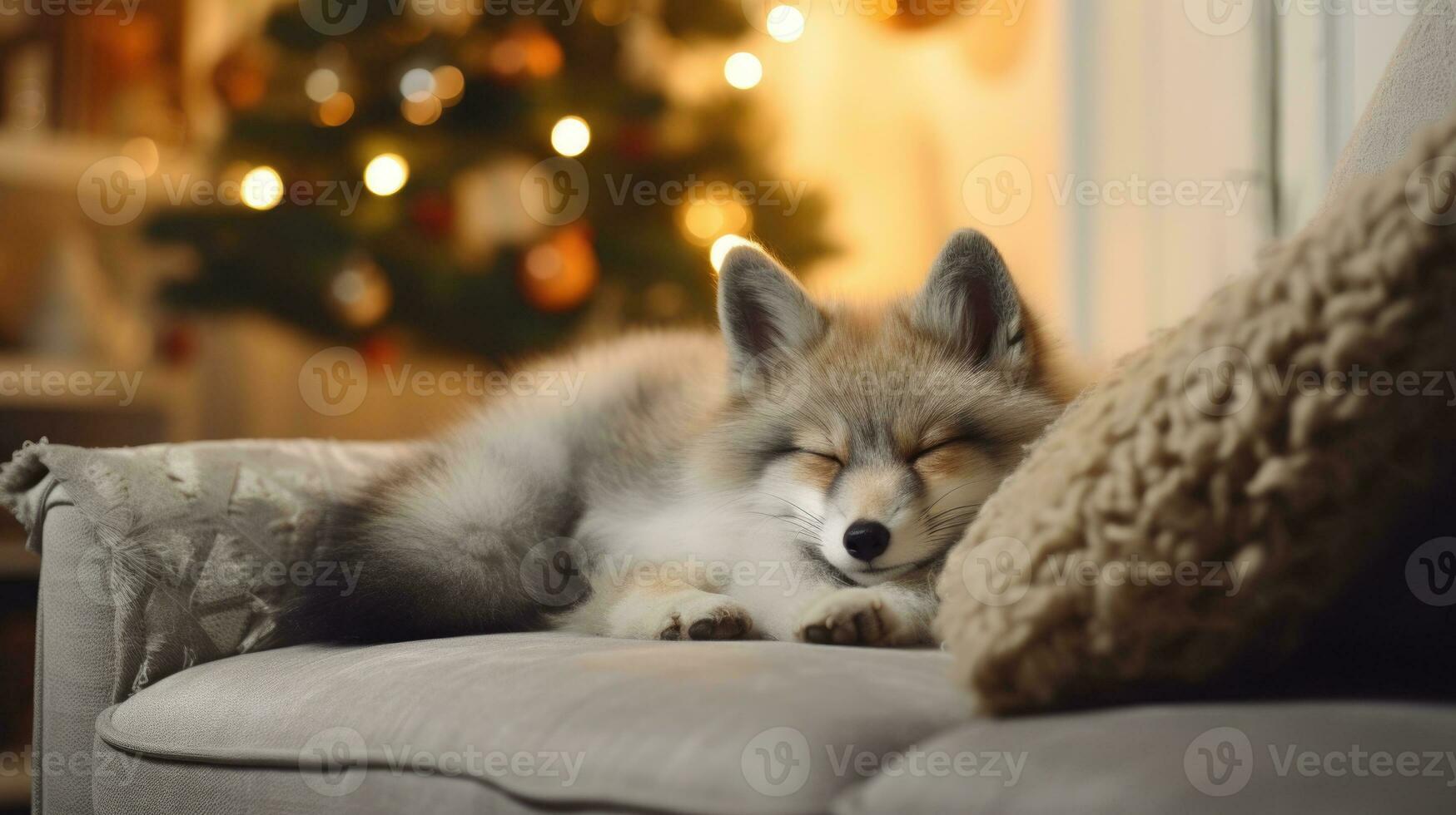 mignonne peu Renard en train de dormir sur canapé dans pièce avec Noël arbre et lumières ai généré photo