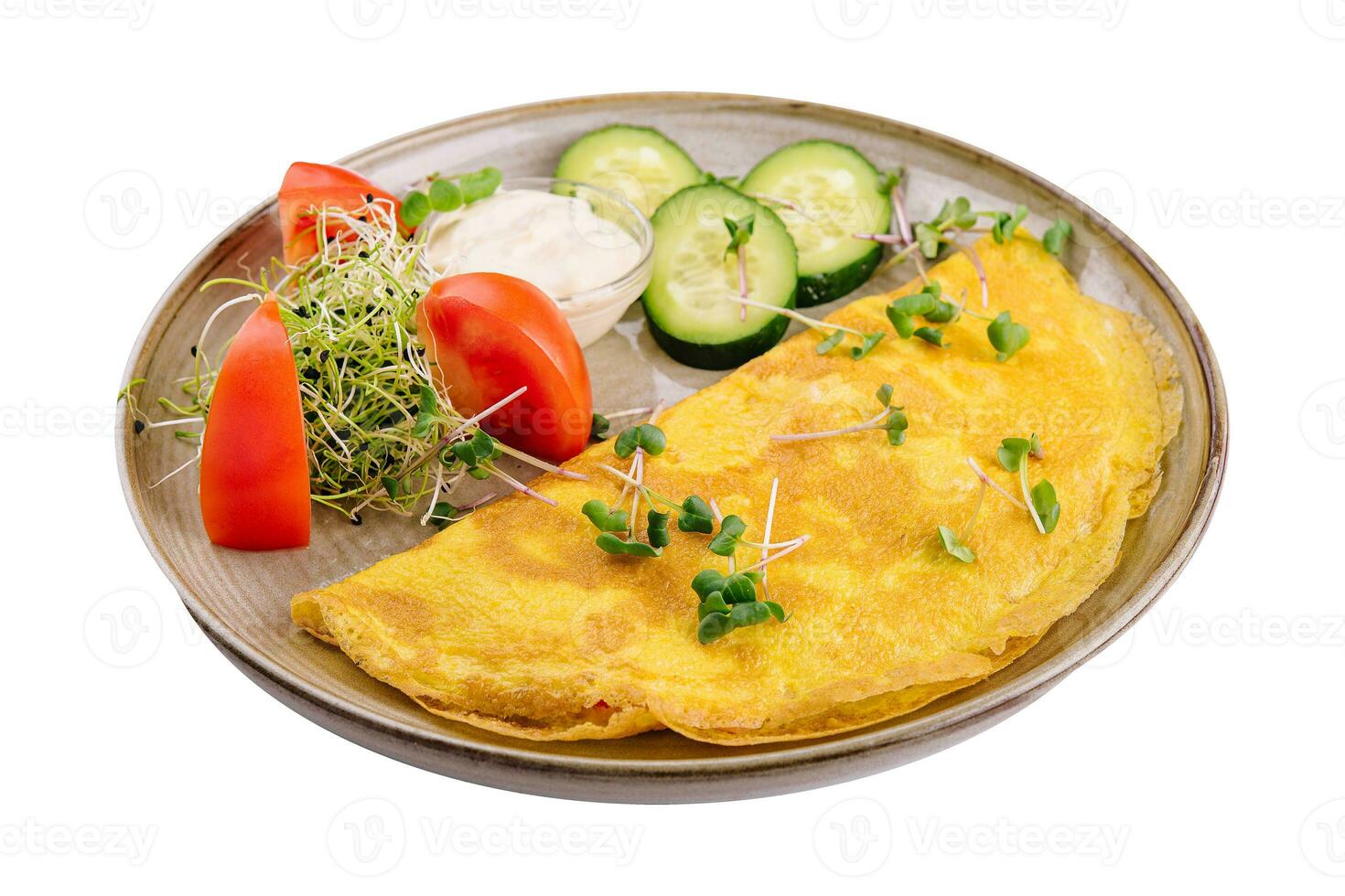 omelette avec fromage et persil, tranché tomates et concombres sur le assiette photo