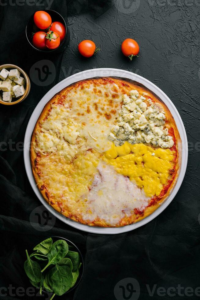 différent les types de fromage sur une gros Pizza photo