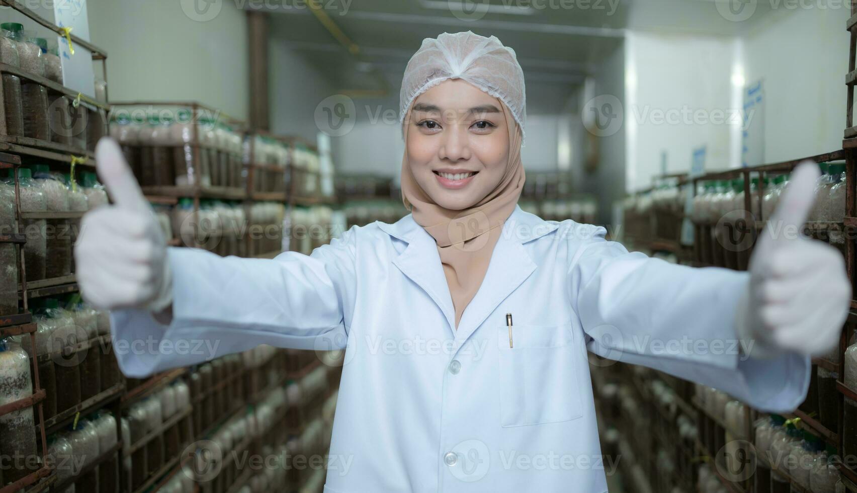 portrait de Jeune asiatique musulman femelle scientifique Faire recherche à une champignon usine, examiner champignon levain agent dans une stérile et à température contrôlée chambre. photo