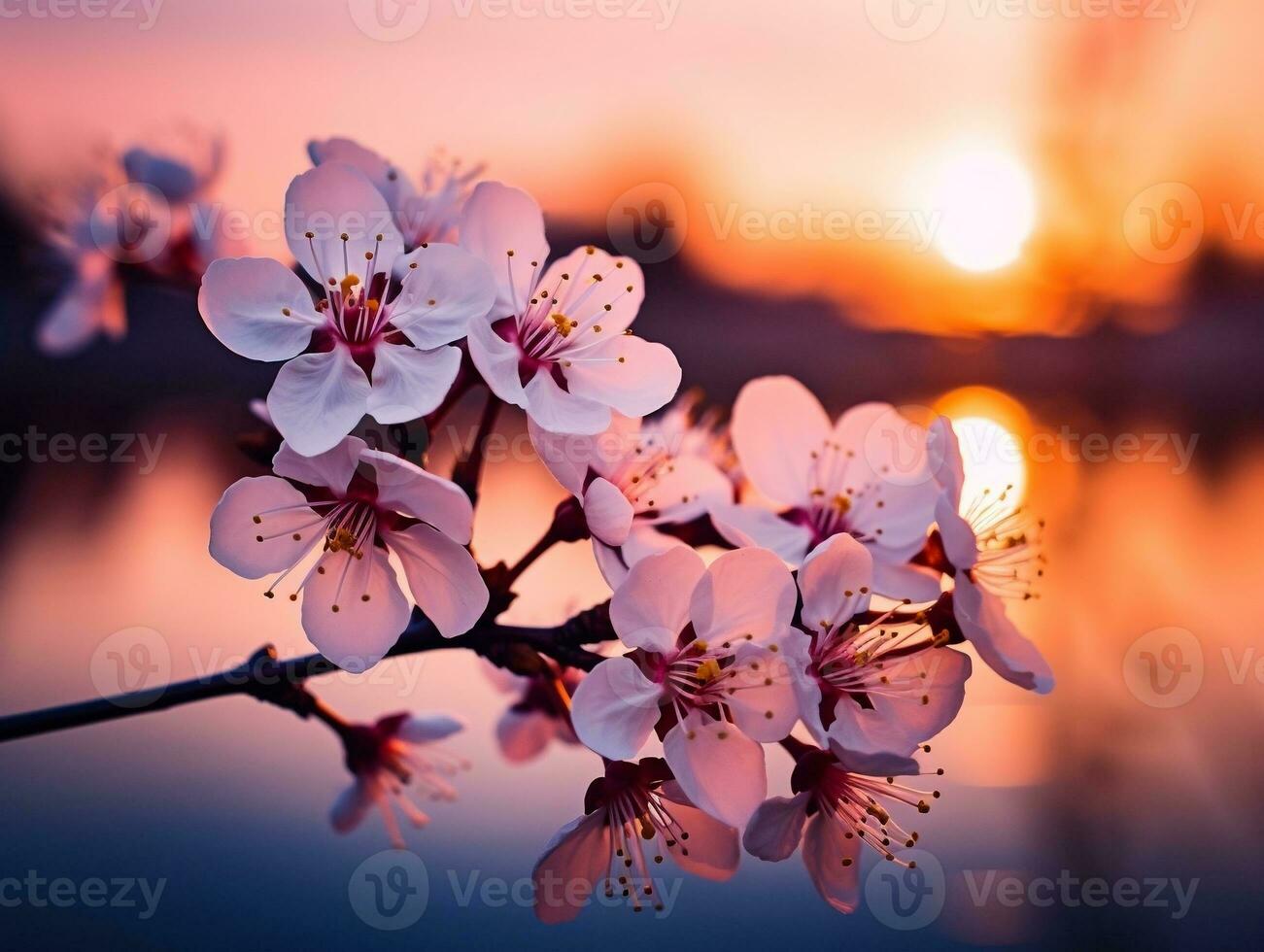 Cerise fleurs contre une le coucher du soleil Contexte génératif ai photo