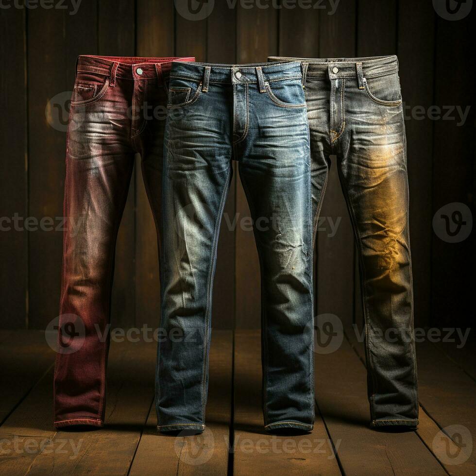 ai généré bleu jeans jeans avec bois Contexte photo