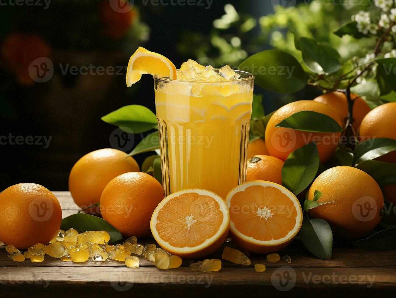 ai généré Orange jus sur bois table photo