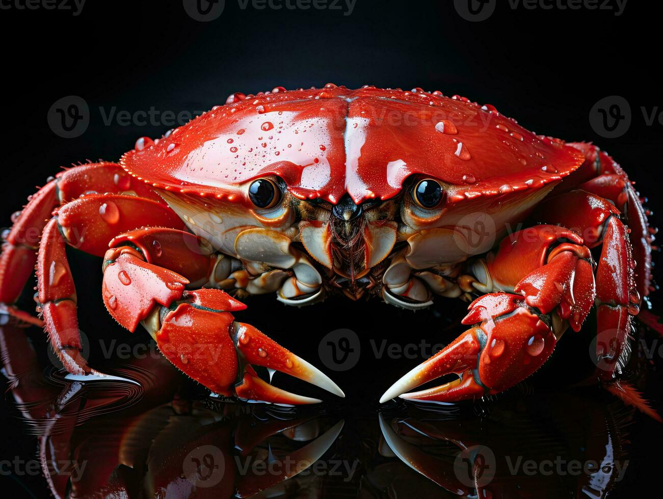 rouge Crabe sur une noir Contexte avec l'eau gouttes. studio tir. ai génératif photo