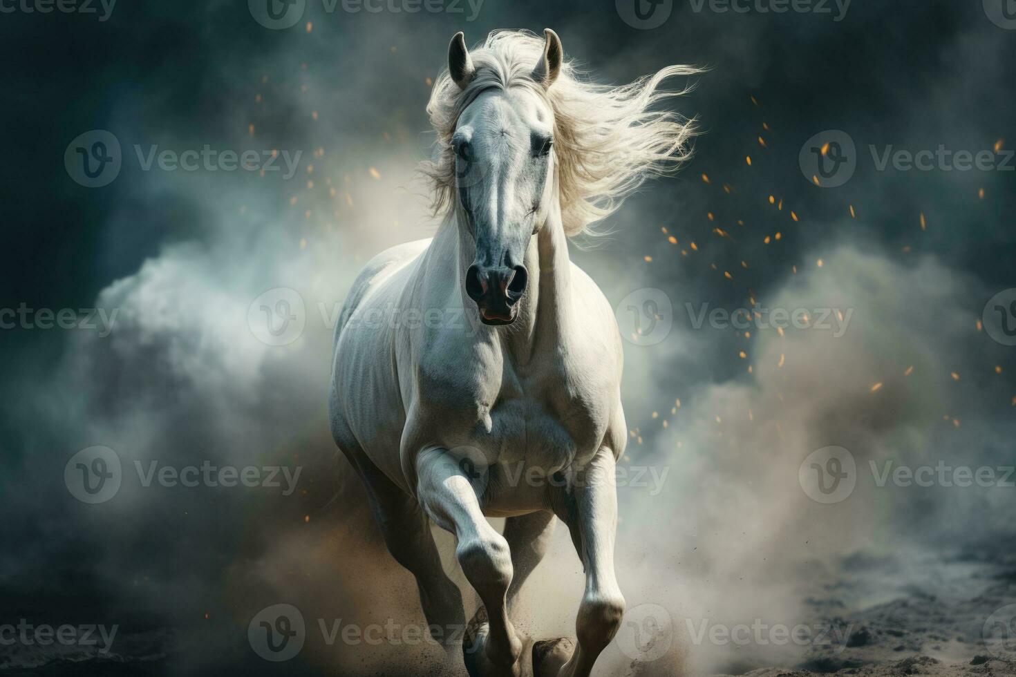 blanc arabe cheval galopant dans poussière et fumée sur foncé forêt, côté voir. ai génératif photo