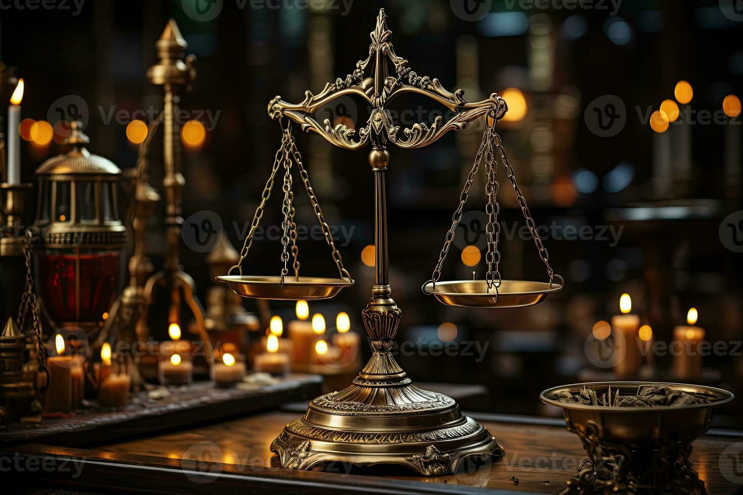 Balance de Justice sur en bois table dans salle d'audience. 3d rendre. ai génératif photo