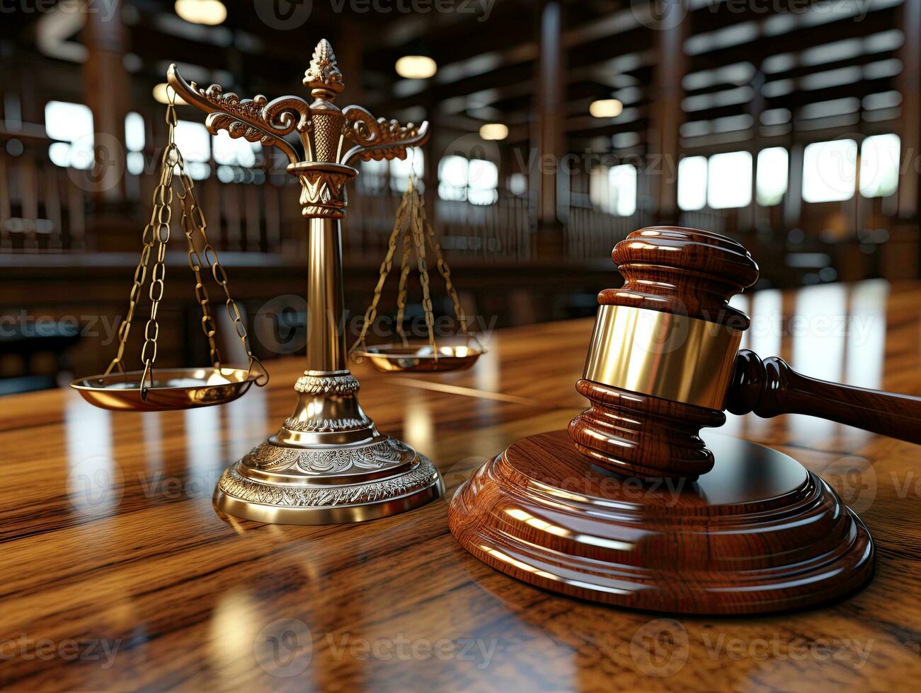 Balance de Justice et en bois juge marteau sur en bois table dans salle d'audience. 3d rendre. ai génératif photo