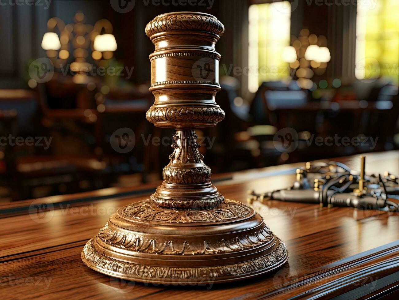 en bois juge marteau sur table dans salle d'audience. 3d rendre. ai génératif photo