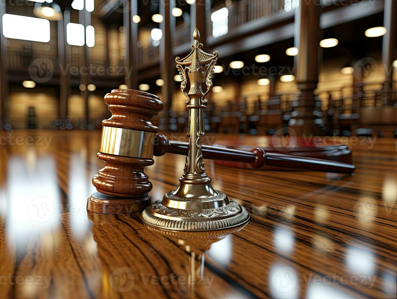 en bois juge marteau sur table dans salle d'audience. 3d rendre. ai génératif photo