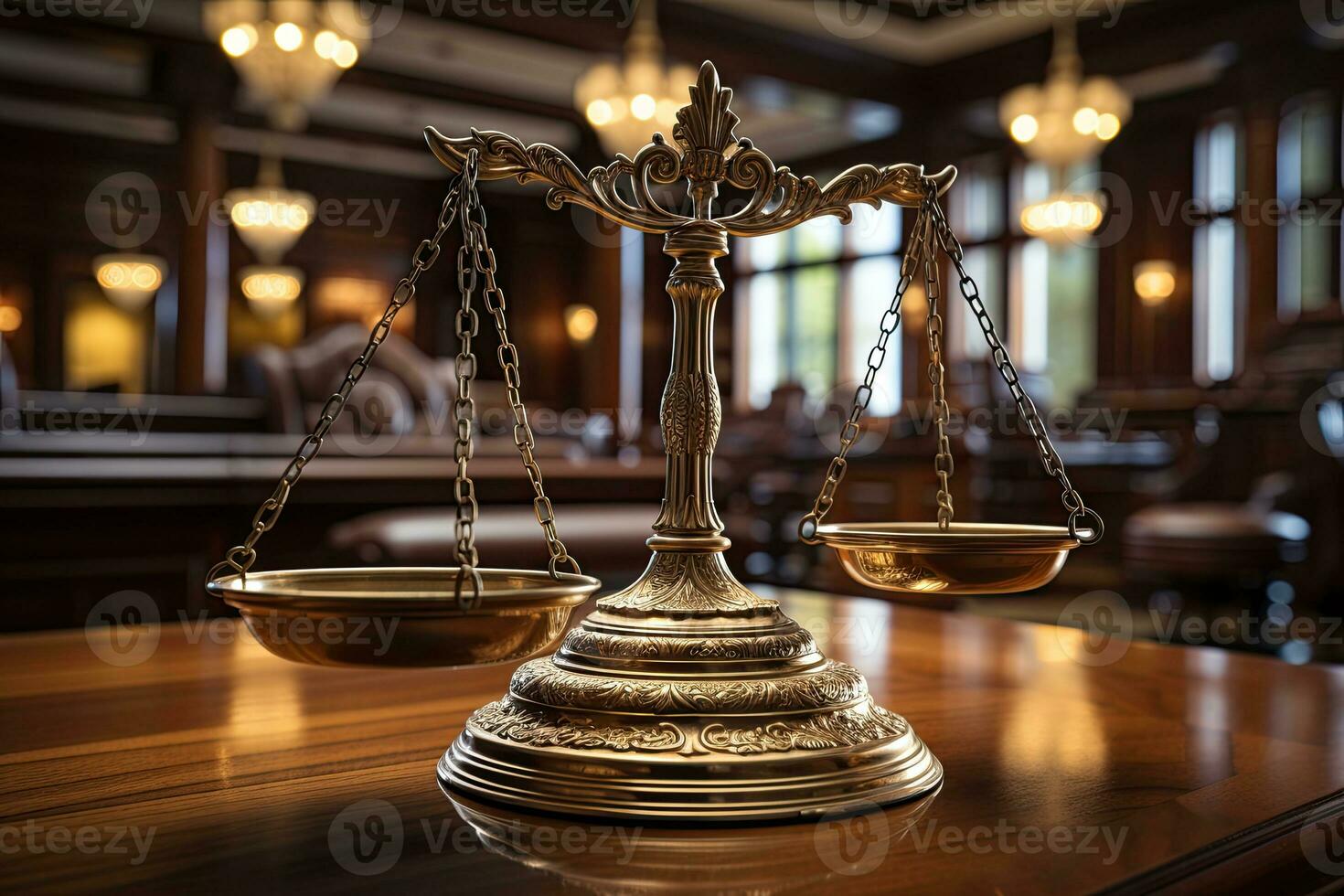 Balance de Justice sur en bois table dans salle d'audience. 3d rendre. ai génératif photo