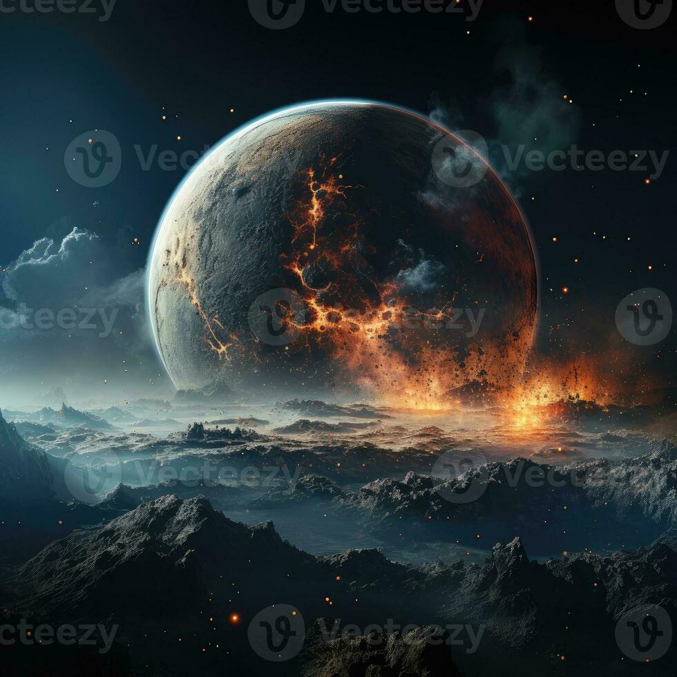 planète Terre dans espace et explosions sur il. génial les feux autour le monde comme une résultat de météore frapper. éléments de cette image à condition de par nasa ai génératif photo