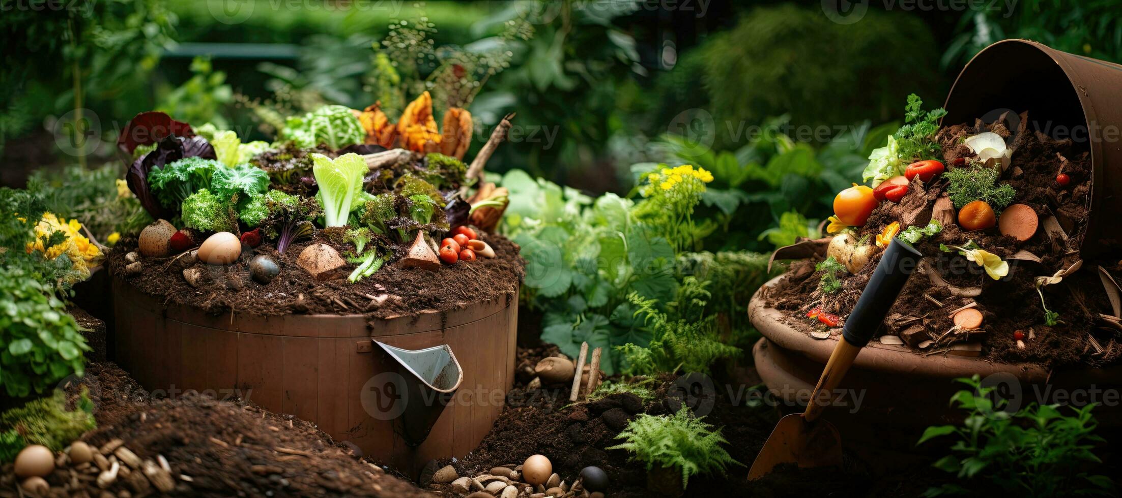 jardinage outils et Frais biologique des légumes dans des pots dans le jardin. jardinage et plantation concept. photo