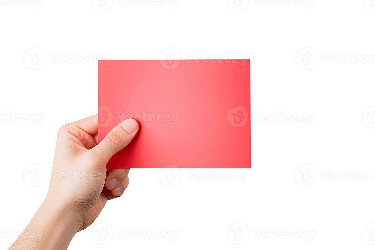 une Humain main en portant une Vide feuille de rouge papier ou carte isolé sur blanc Contexte. ai généré photo