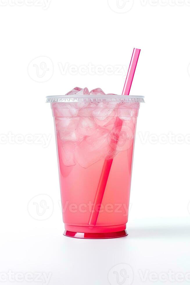 rose boisson dans Plastique tasse isolé sur blanc Contexte. prendre une façon les boissons concept. ai généré photo