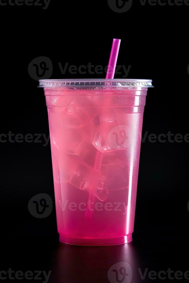 rose boisson dans Plastique tasse isolé sur noir Contexte. prendre une façon les boissons concept. ai généré photo