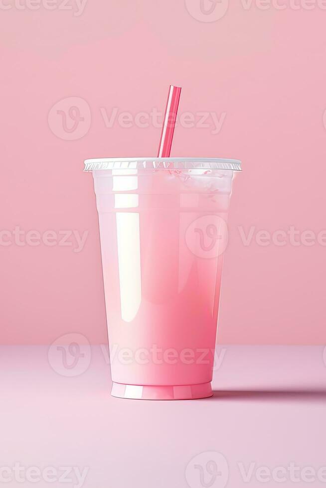 rose boisson dans Plastique tasse isolé sur rose Contexte. prendre une façon les boissons concept. ai généré photo