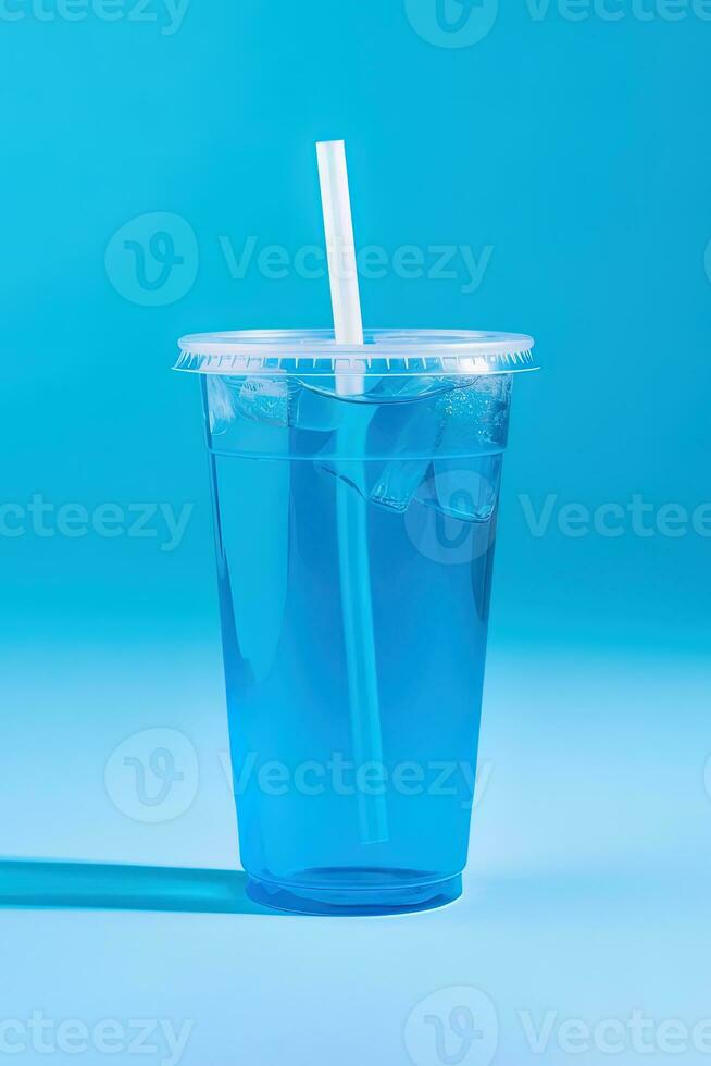 bleu boisson dans une Plastique tasse isolé sur une bleu Contexte. prendre une façon les boissons concept. ai généré photo