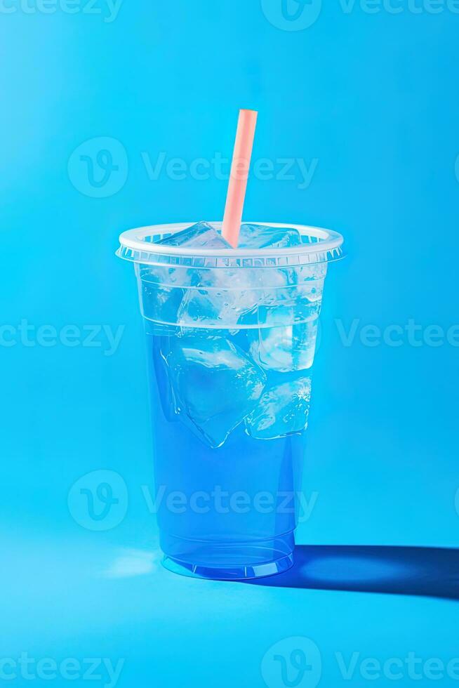 bleu boisson dans une Plastique tasse isolé sur une bleu Contexte. prendre une façon les boissons concept. ai généré photo