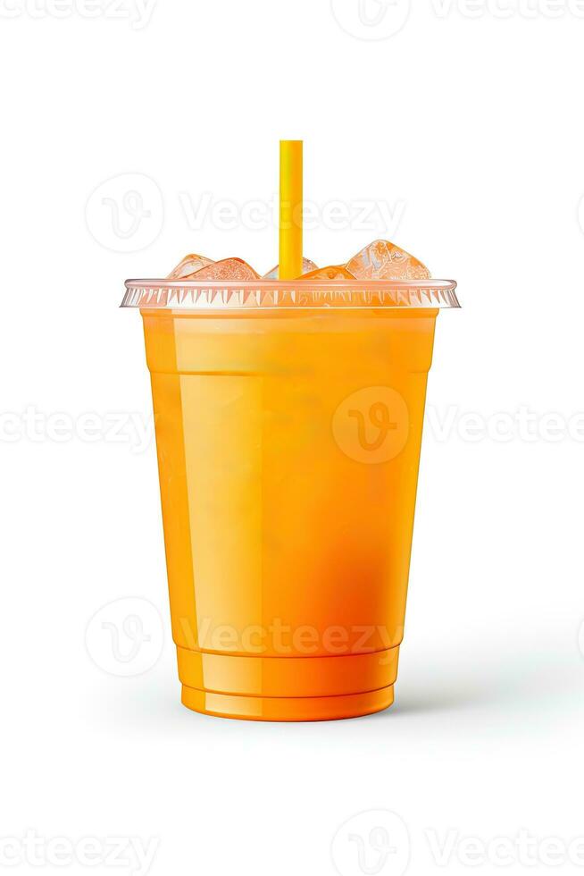 Orange Couleur boisson dans une Plastique tasse isolé sur une blanc Contexte. prendre une façon les boissons concept. ai généré photo