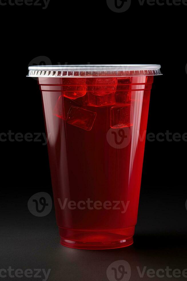 rouge boisson dans une Plastique tasse isolé sur une noir Contexte. prendre une façon les boissons concept. ai généré photo