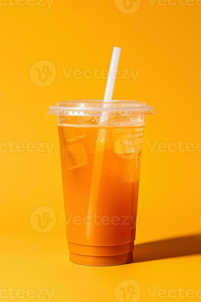 Orange Couleur boisson dans une Plastique tasse isolé sur une Orange Couleur Contexte. prendre une façon les boissons concept. ai généré photo