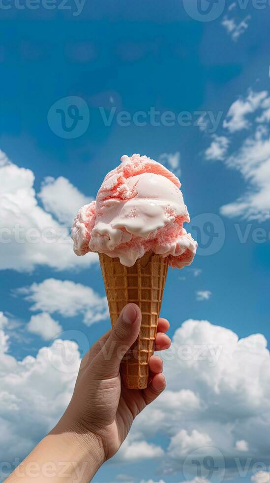main en portant fraise la glace crème avec cône isolé sur une bleu ciel et nuage Contexte. ai généré photo
