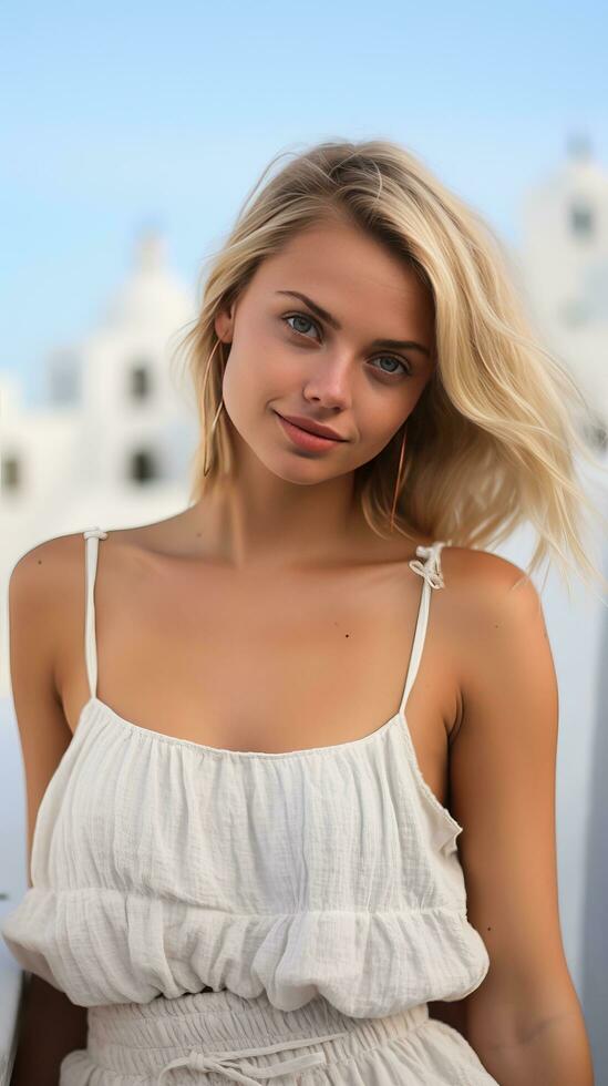 portrait de magnifique fille avec blond coiffure. génératif ai photo