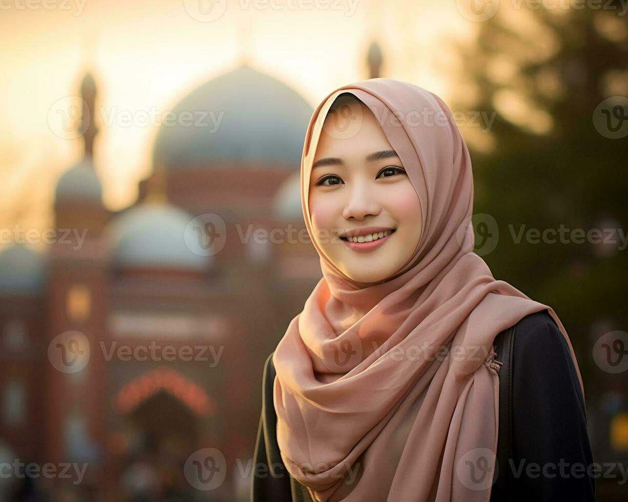 ai génératif magnifique asiatique musulman fille portant hijab photo