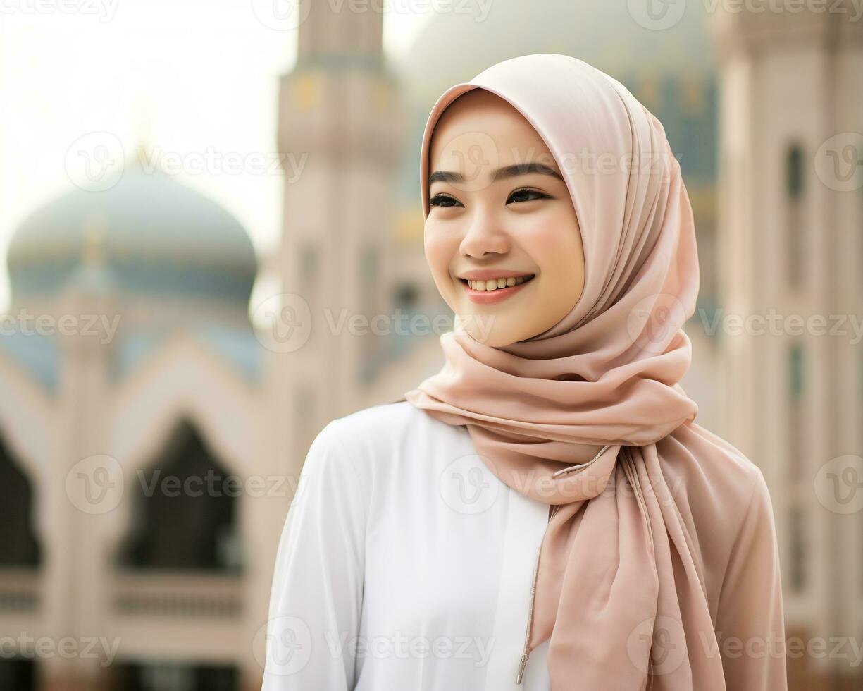 ai génératif magnifique asiatique musulman fille portant hijab photo