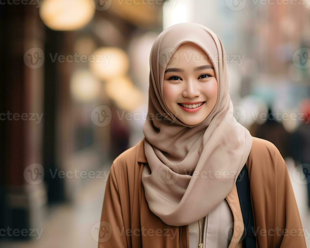 ai génératif magnifique asiatique musulman fille portant hijab photo