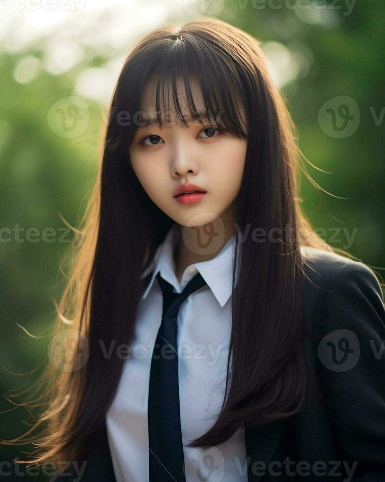 ai génératif magnifique asiatique fille portant noir costume chemise et attacher photo