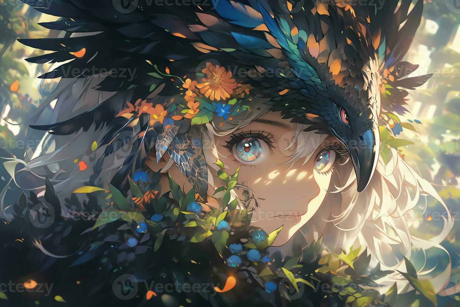 ai génératif forêt elfe avec aile et magnifique yeux dans anime style photo