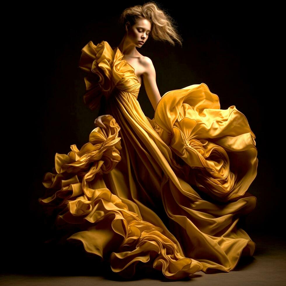 ai génératif une magnifique fille dans une élégant Jaune ébouriffé robe photo