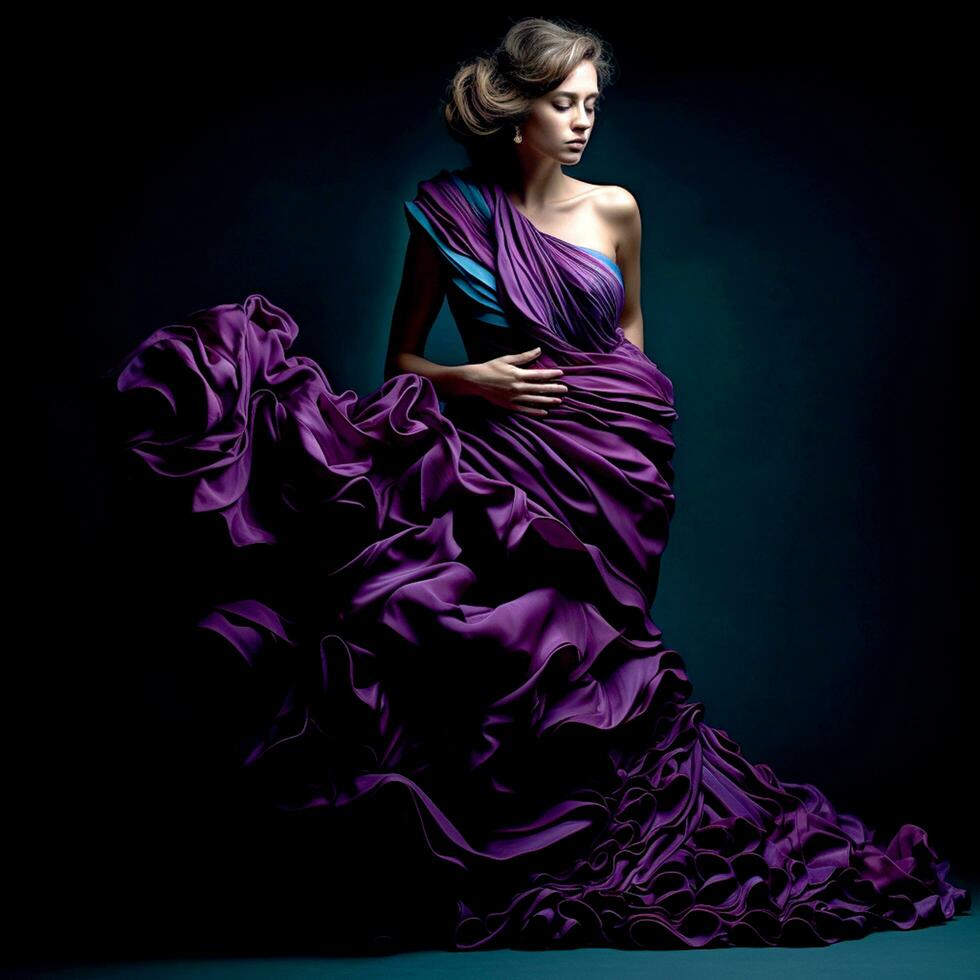 ai génératif une jolie fille dans une élégant violet ébouriffé robe sur une foncé Contexte photo
