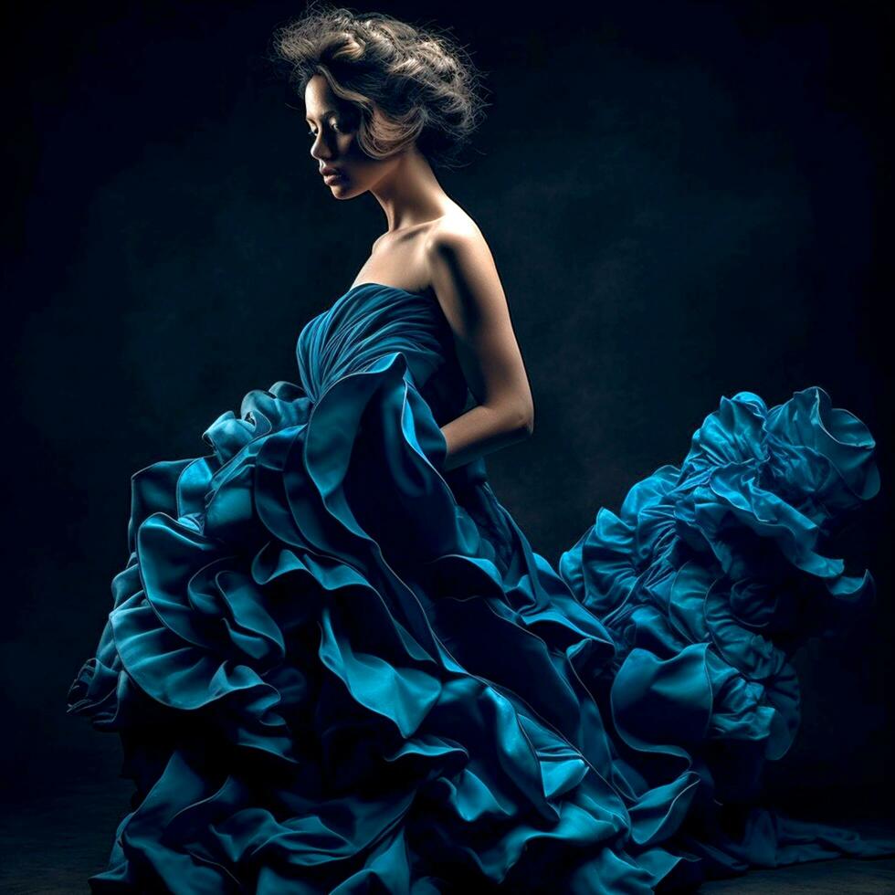 ai génératif jolie modèle dans une bleu ébouriffé robe sur une foncé Contexte photo