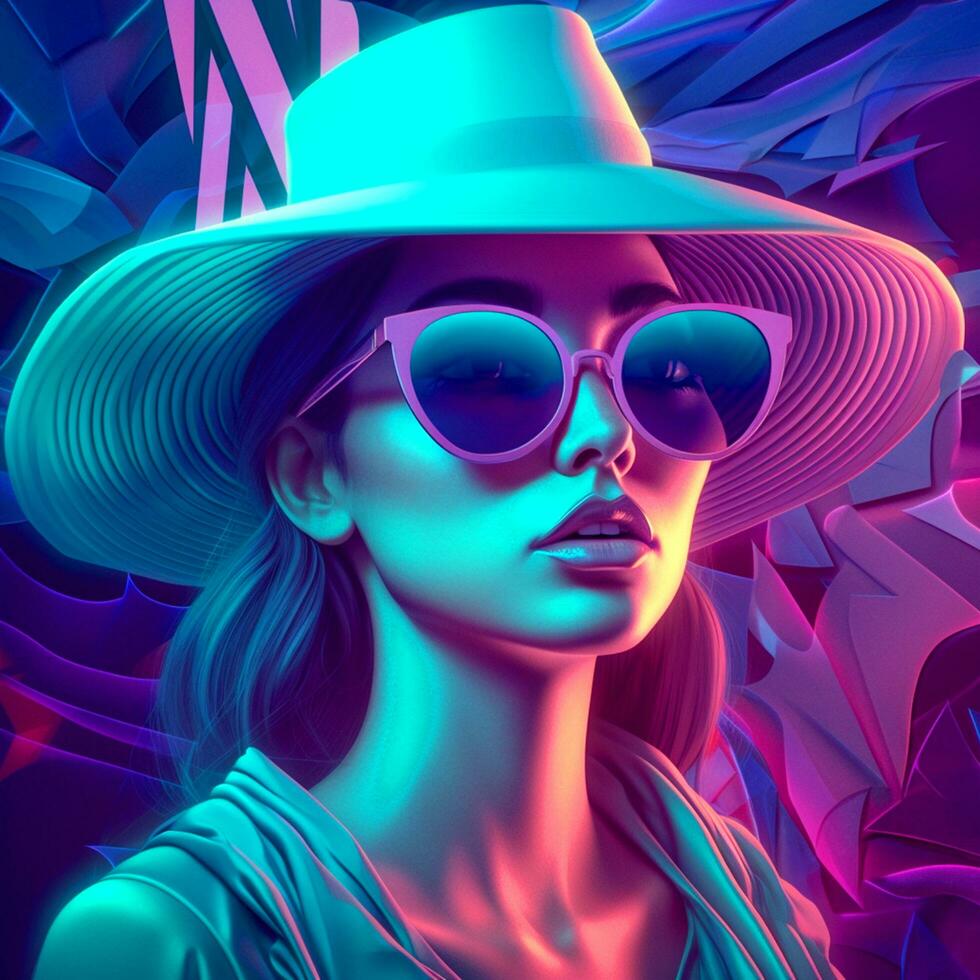 ai génératif élégant femmes posant pour le caméra avec une chapeau et des lunettes de soleil dans une hologramme thème photo