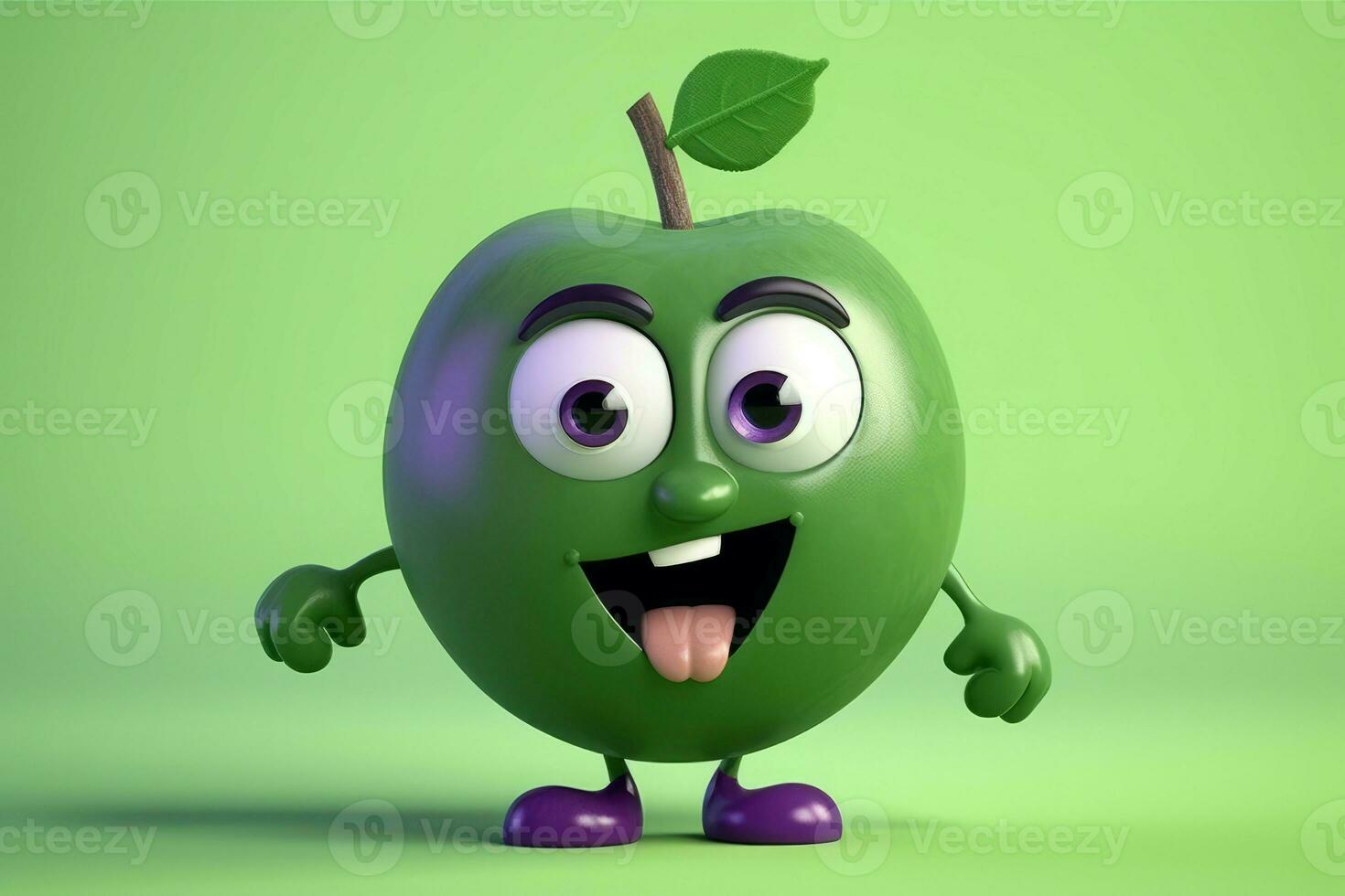 dessin animé vert Pomme personnage 3d. produire ai photo