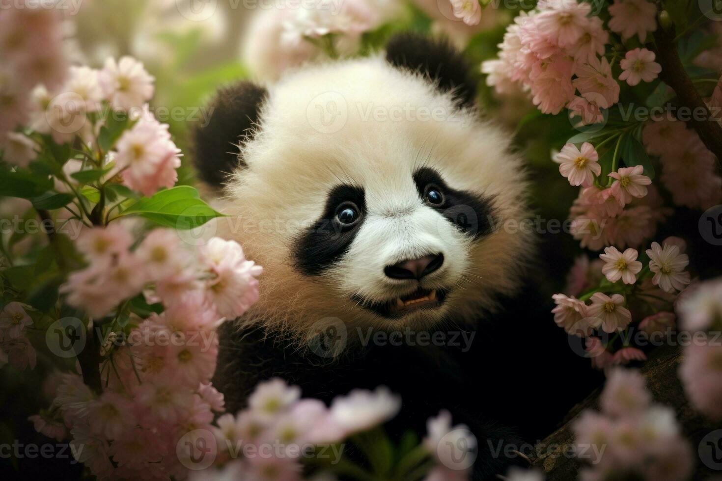 délicieux mignonne bébé Panda fleurs. produire ai photo