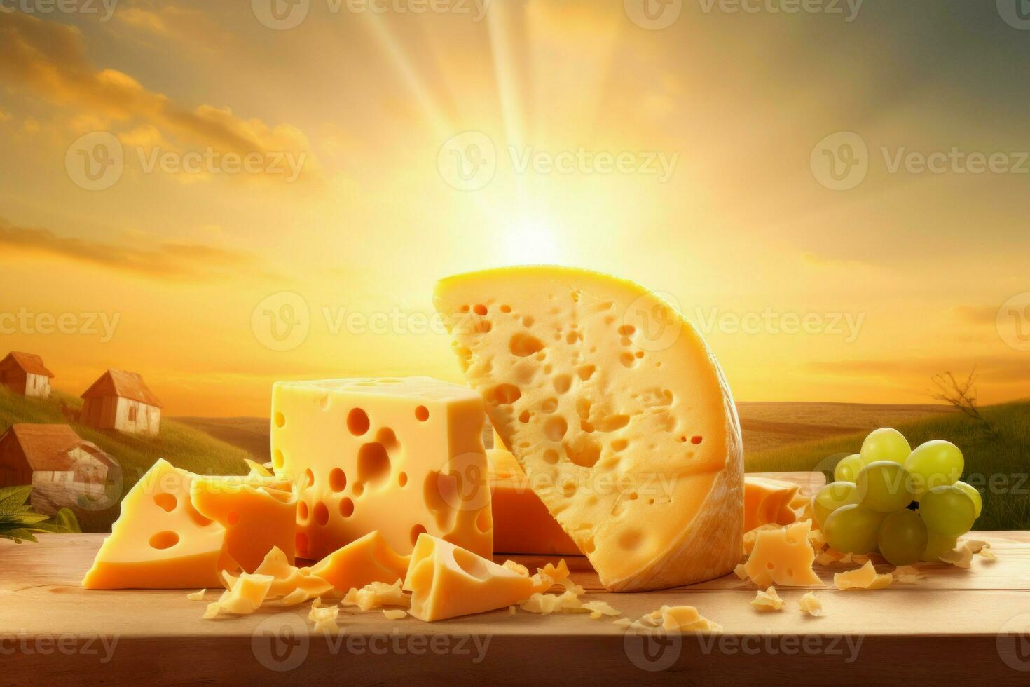 radiant fromage fermer avec Soleil lever du soleil. produire ai photo