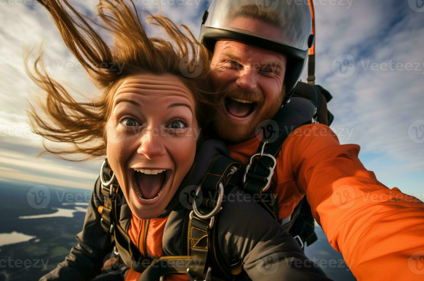 content couple prise selfie avec parapente dans le montagnes ai généré photo