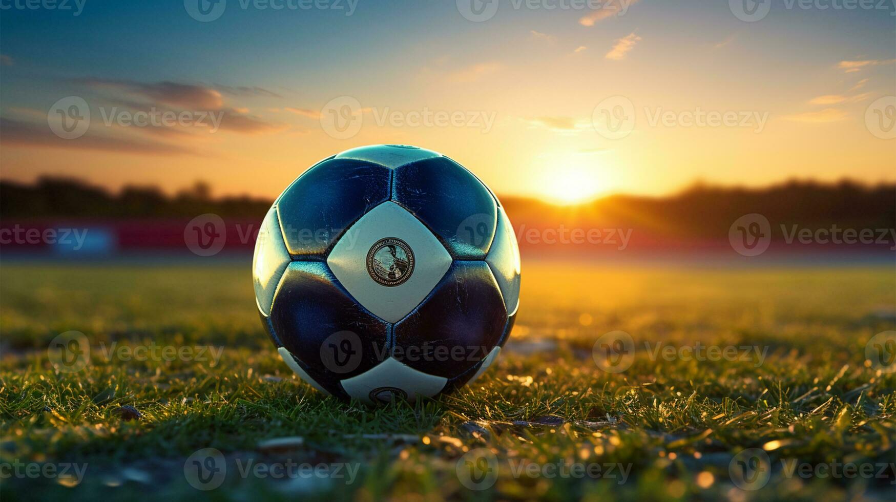 football Balle sur vert herbe avec le coucher du soleil Contexte. football Balle sur Football champ ai généré photo