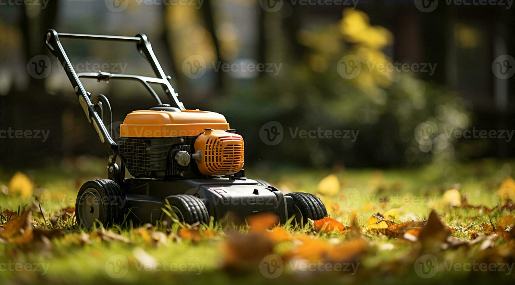 pelouse tondeuse sur le herbe dans le l'automne jardin. jardinage concept ai généré photo